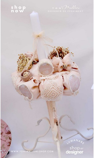 Lumanare de botez cu dantela bumbac crem si flori uscate Chic Flower 1